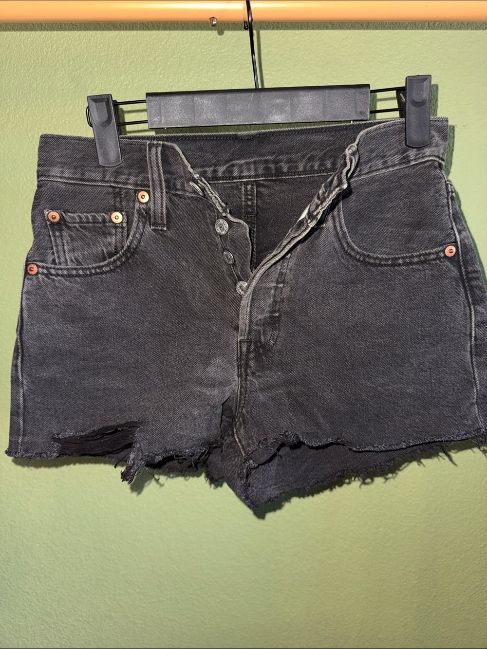 501 Levi Black Washed Distressed Denim Cutoff Shorts